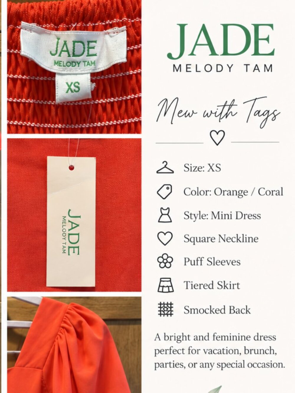 NWT Jade Melody Tam Orange Coral Tiered Mini Dress XS Puff Sleeve Smocked Back
